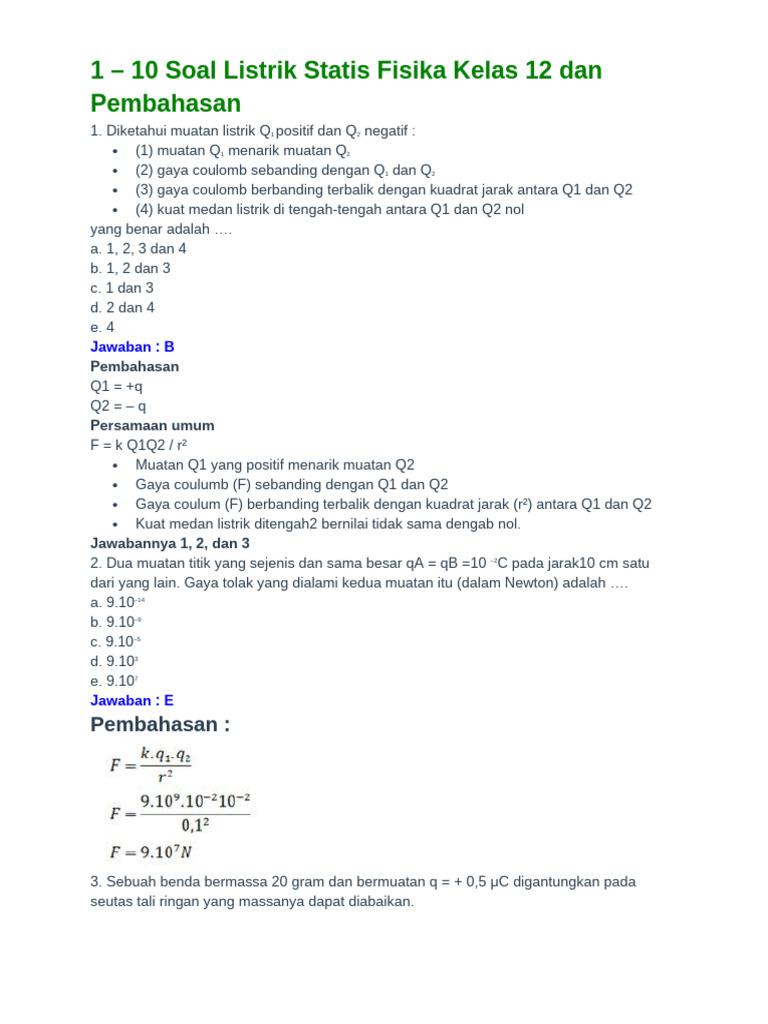 Soal dan Pembahasan Listrik Statis Kelas 12 | PDF