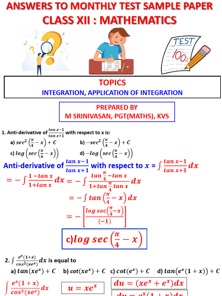 Class XII Mathematics Integration Test Paper | PDF | Mathematics ...