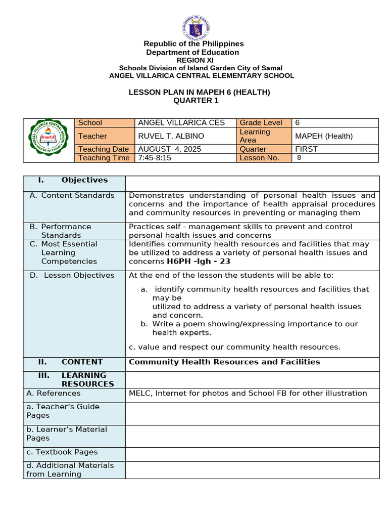 MAPEH 6 Health Lesson Plan Overview | PDF | Neurology | Urology