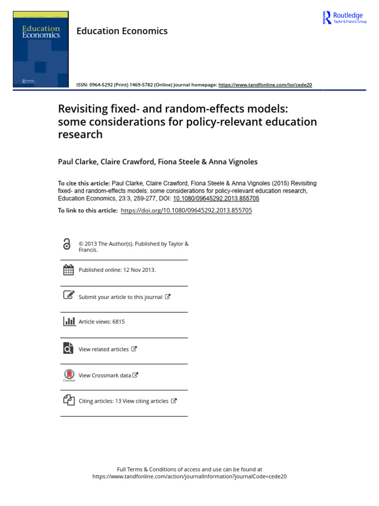 Fixed vs Random Effects in Education Research | PDF | Errors And ...