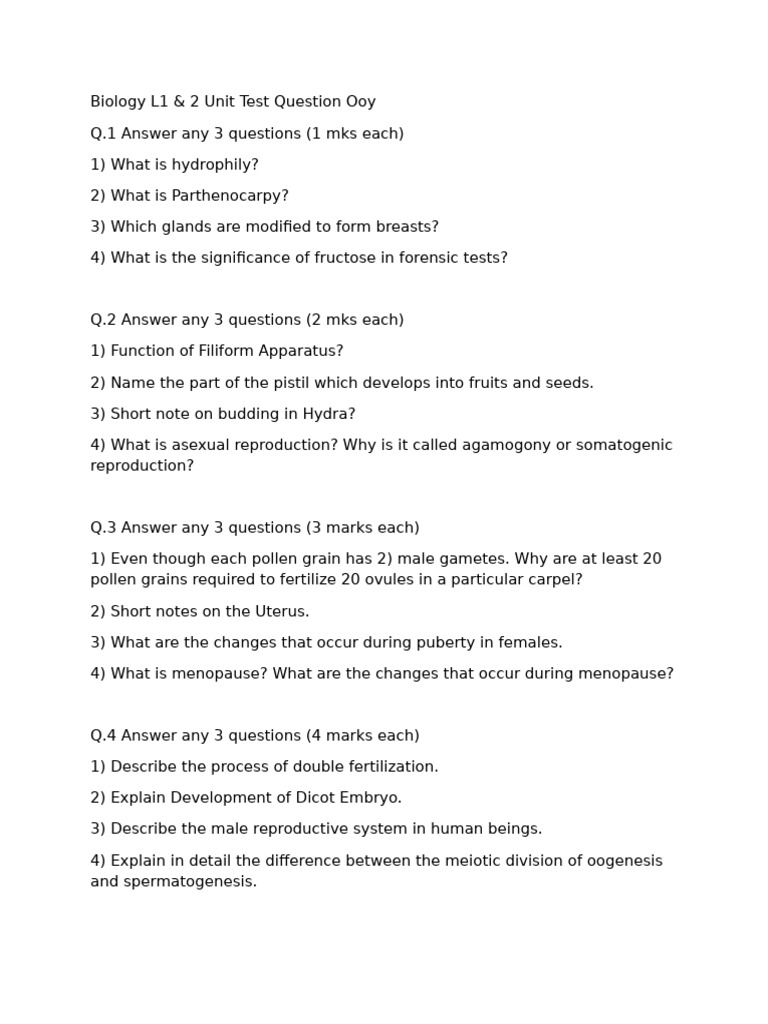 Biology L1 & 2 Unit Test QP | PDF