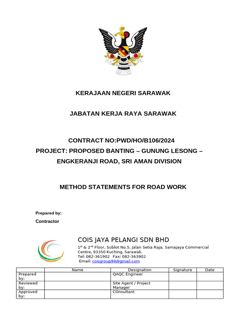 Method Statement for Road Work in Sarawak | PDF | Road Surface | Concrete