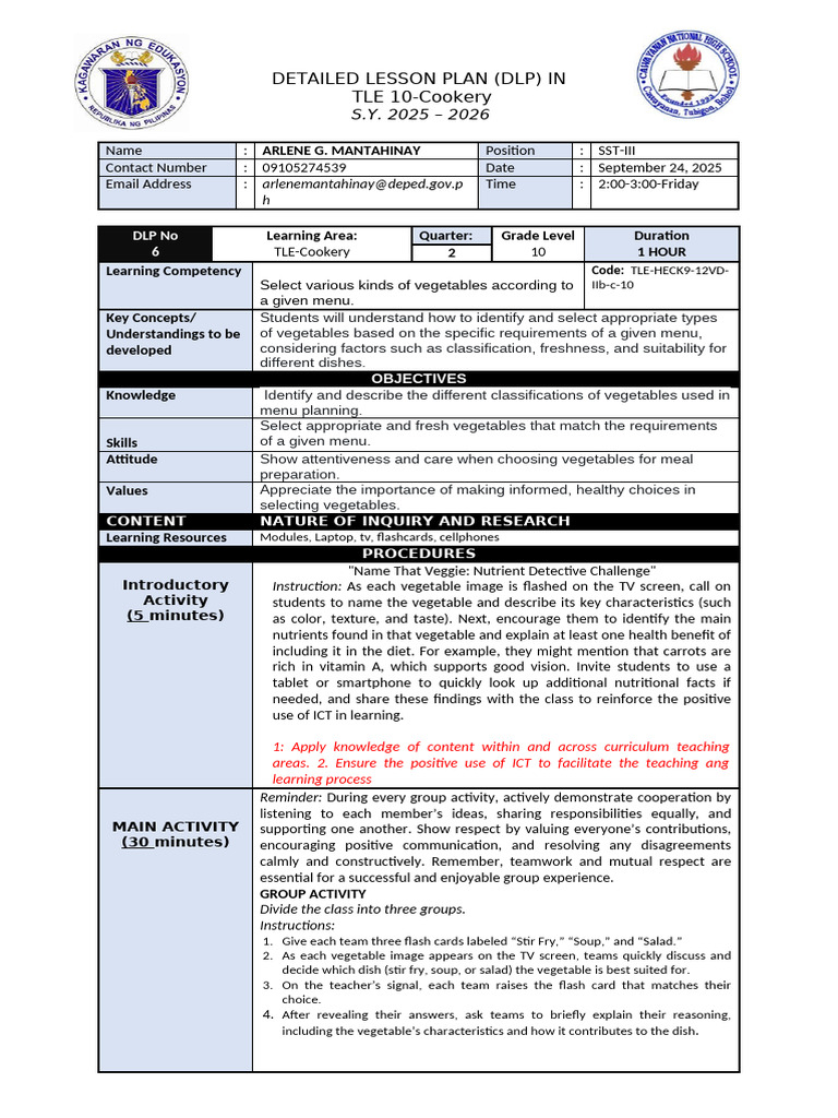 TLE 10 Cookery Lesson Plan: Vegetable Selection | PDF | Learning ...