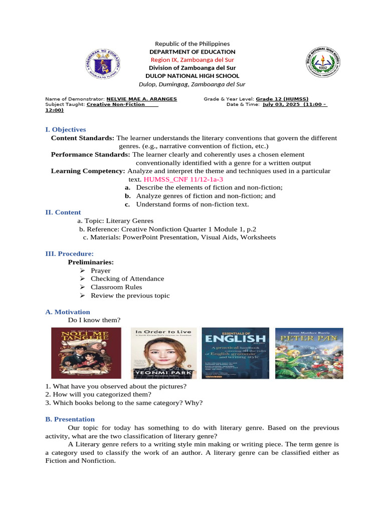 Literary Genres Lesson Plan for HUMSS | PDF | Non Fiction | Genre
