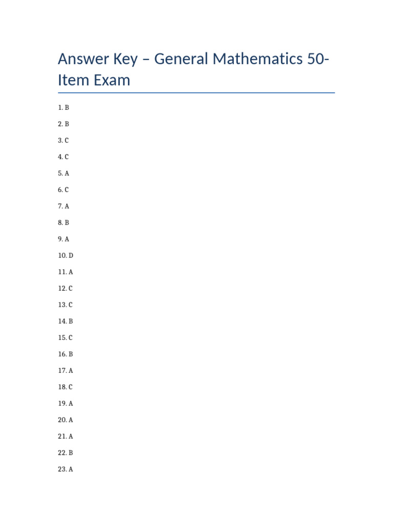 General Mathematics Exam Answer Key | PDF