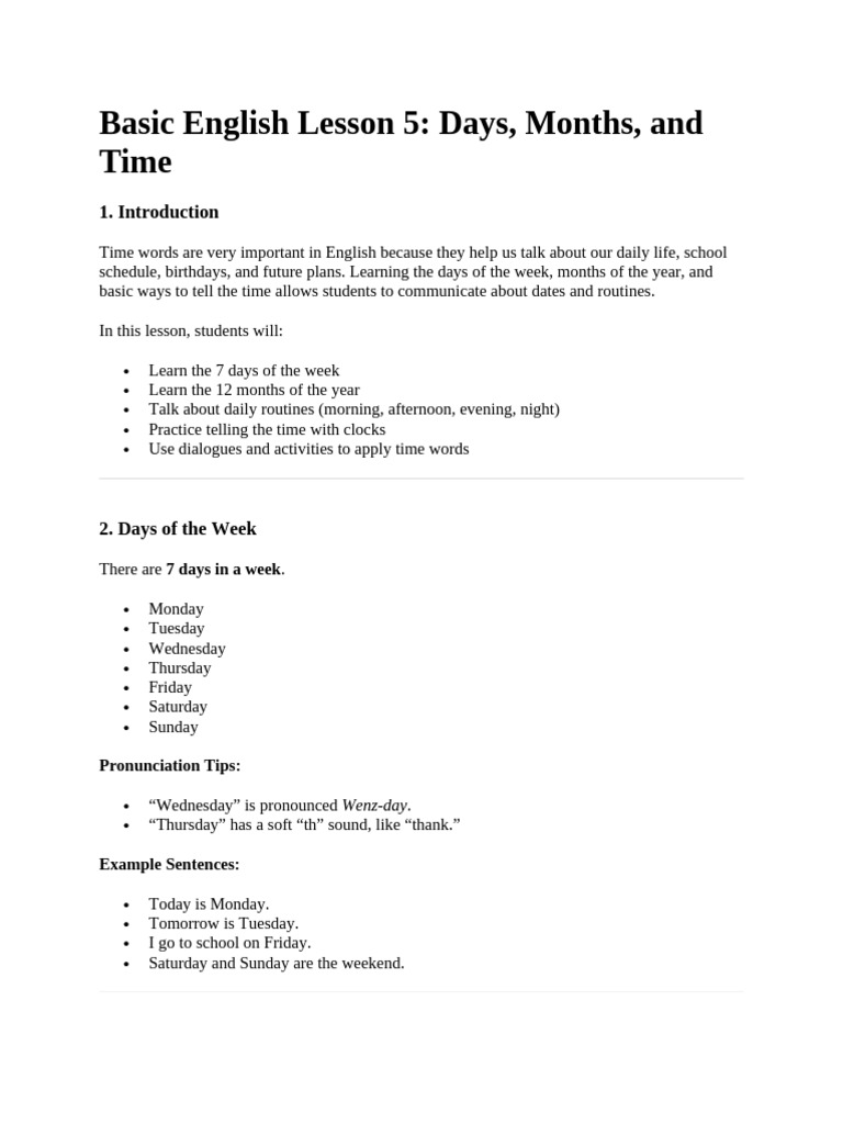 Basic English Lesson 5: Days, Months, and Time: 7 Days in A Week | PDF ...