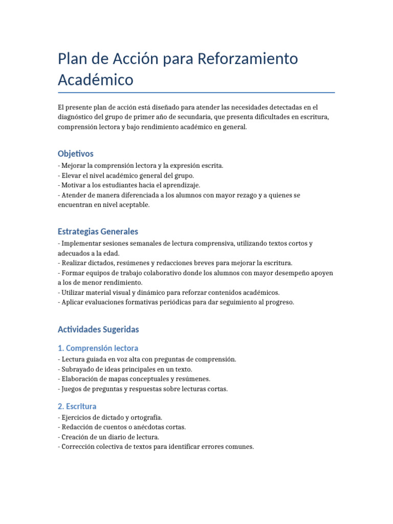 Plan de Acción para Mejorar Rendimiento Académico | PDF