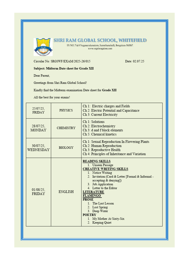 Grade XII Midterm Exam Date Sheet 2025 | PDF