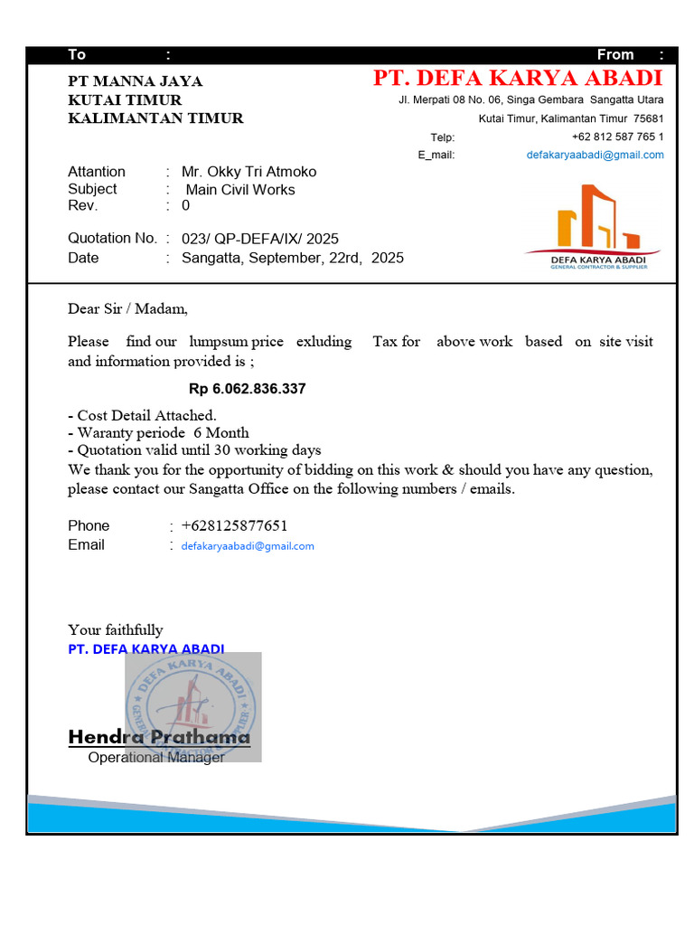 Quotation for Main Civil Works | PDF | Building Materials | Materials