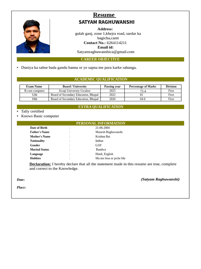 Satyam Raghuwanshi Resume 2023 | PDF