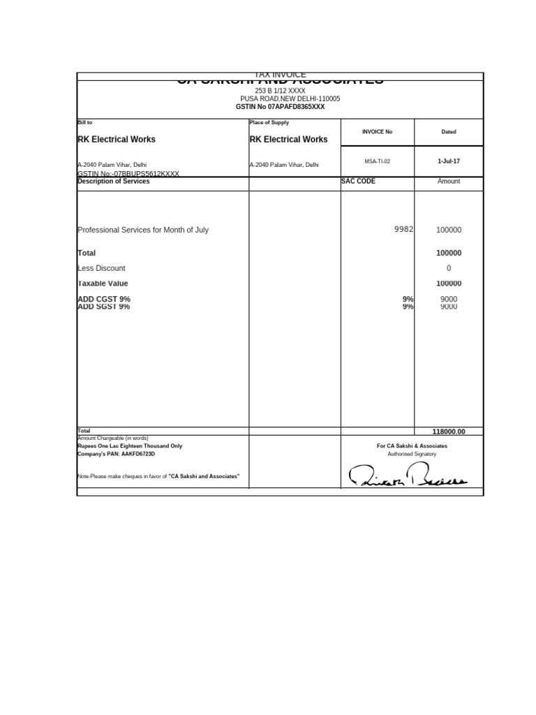 Tax Invoice for Professional Services | PDF | Government Of India ...