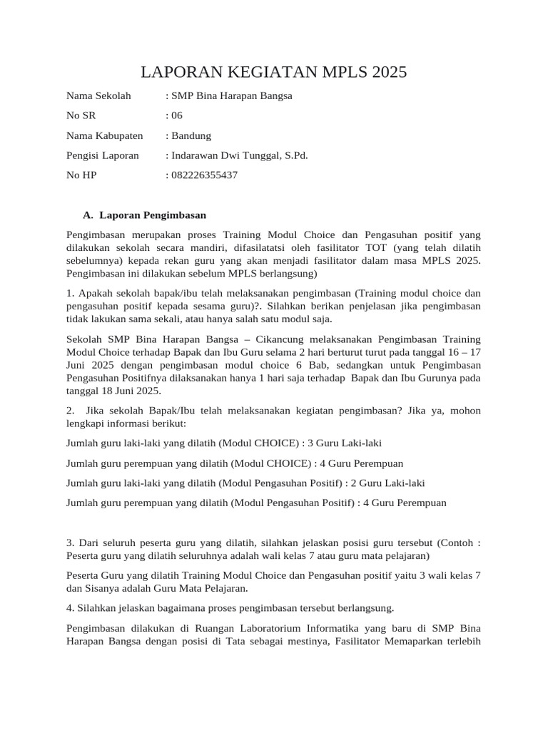 Mini Report Mpls 2025 SMP Bina Harapan Bangsa - Cikancung | PDF