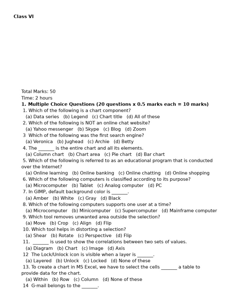 Class VI Computer Science Exam Guide | PDF | Microsoft Excel | Computing