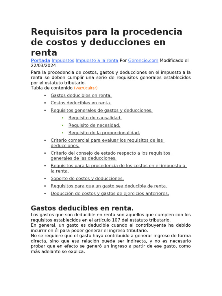 Requisitos para La Procedencia de Costos y Deducciones en Renta | PDF ...