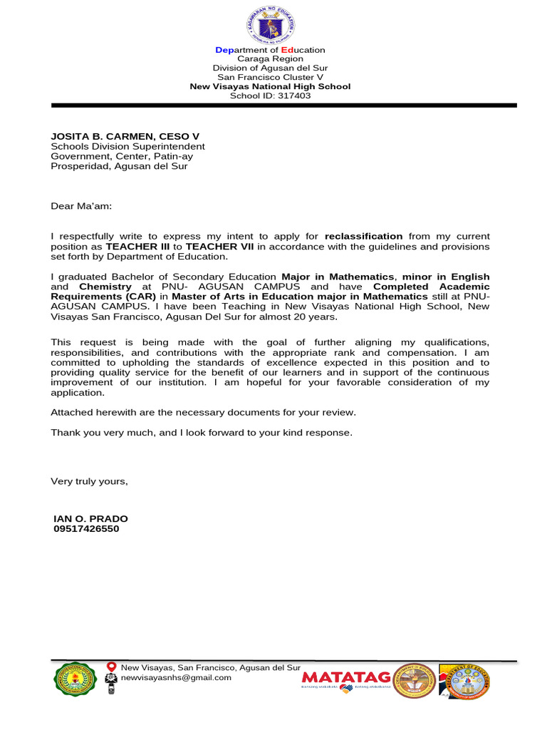 Teacher Reclassification Application Letter | PDF