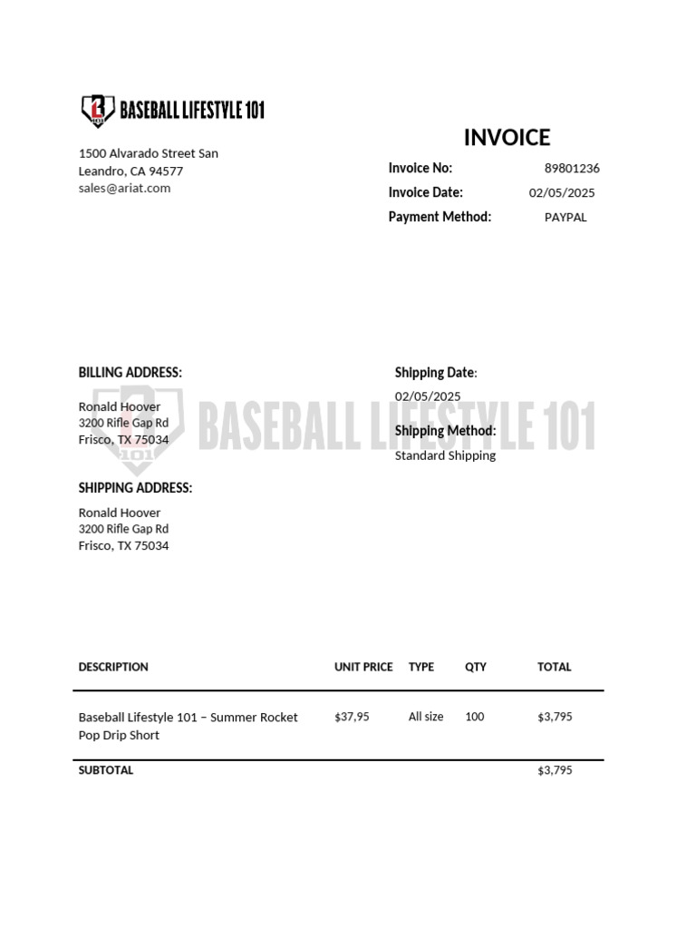 Invoice for Baseball Lifestyle 101 Purchase | PDF