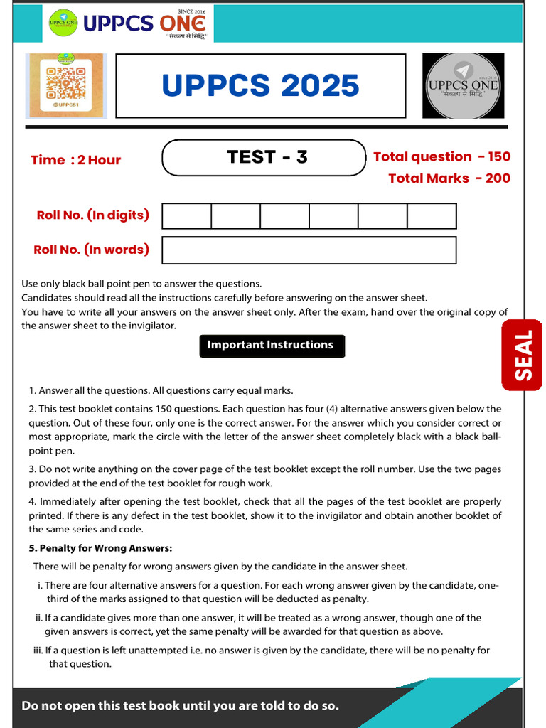 UPPCS 2025 GS Test Instructions and Questions | PDF