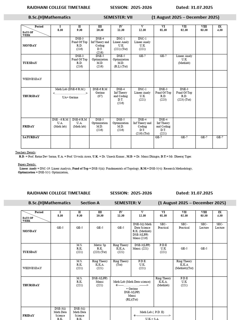 B.sc. (Hons) Mathematics Sem I, III, V, and VII August 2025 | PDF ...