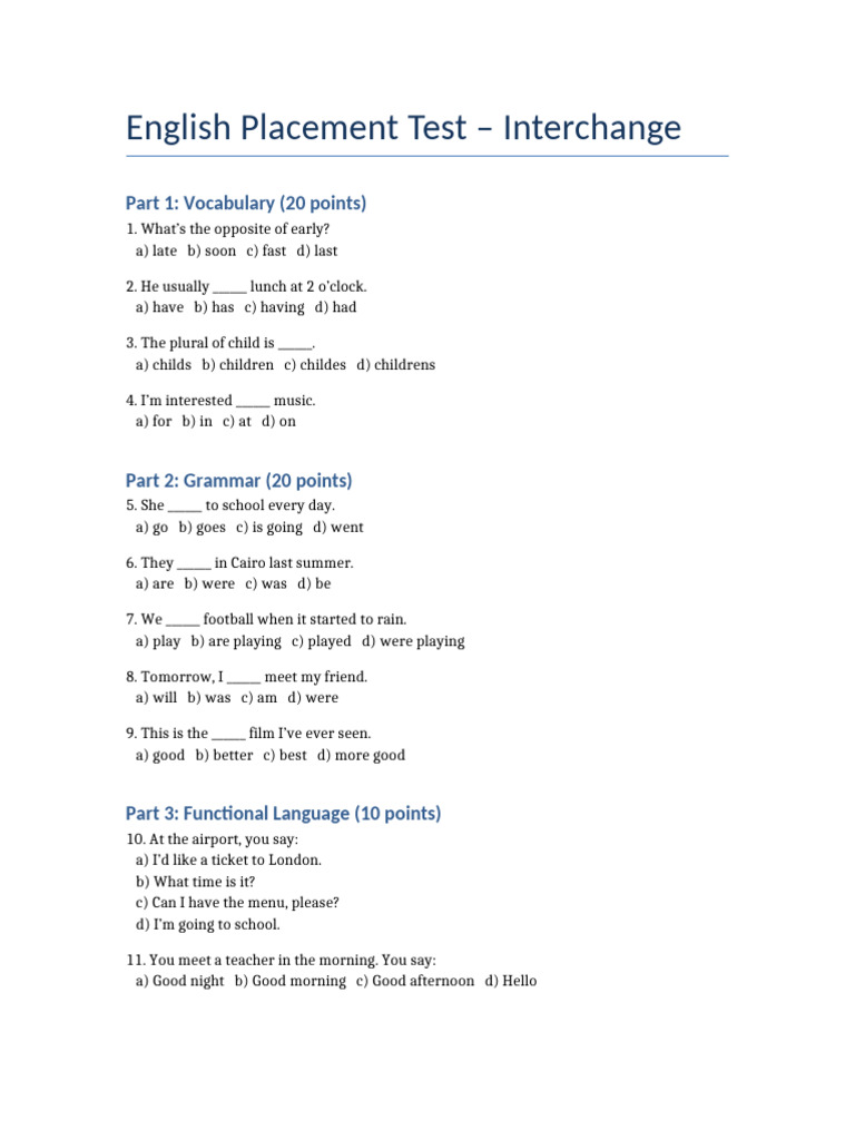 Interchange English Placement Test | PDF