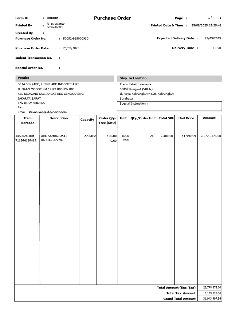 Purchase Order for ABC Sambal 270ML | PDF
