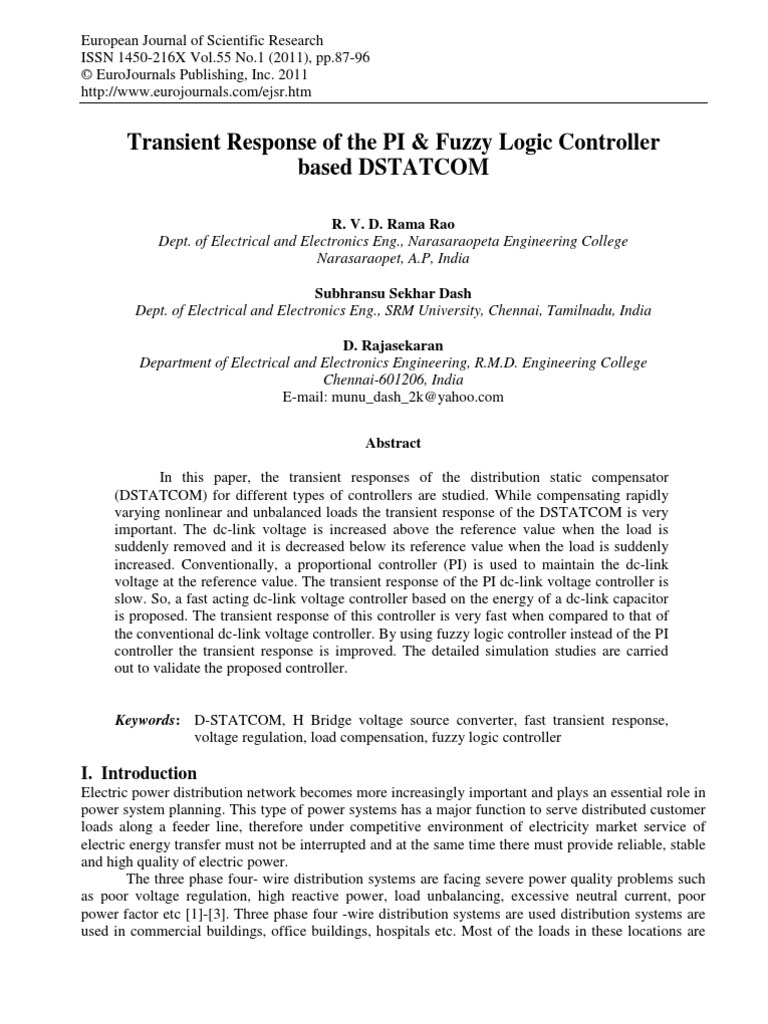 Transient Response of The PI & Fuzzy Logic Controller Based DSTATCOM ...