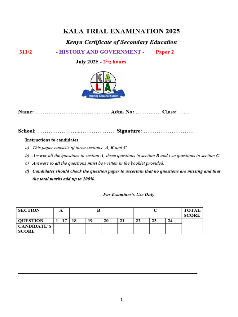 KALA 2025 History & Government Exam | PDF