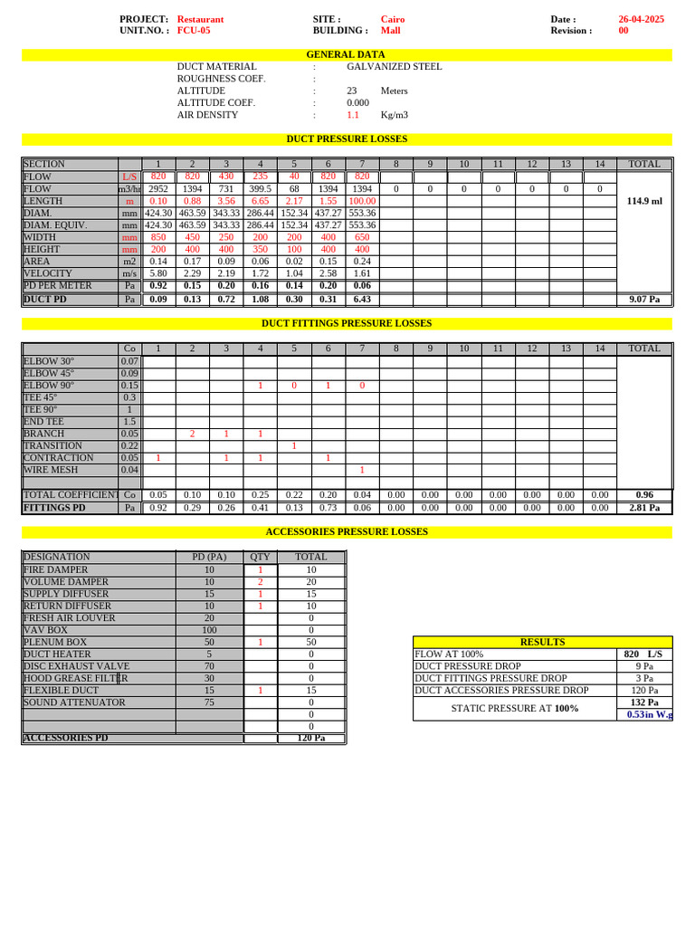 Fan Static Head Calculation Sheet ESP | PDF | Duct (Flow) | Home Appliance
