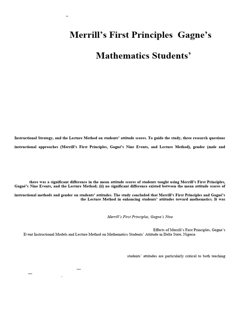 Effects of Merrill's First Principles, Gagne's Nine-Event Instructional Models and Lecture ...