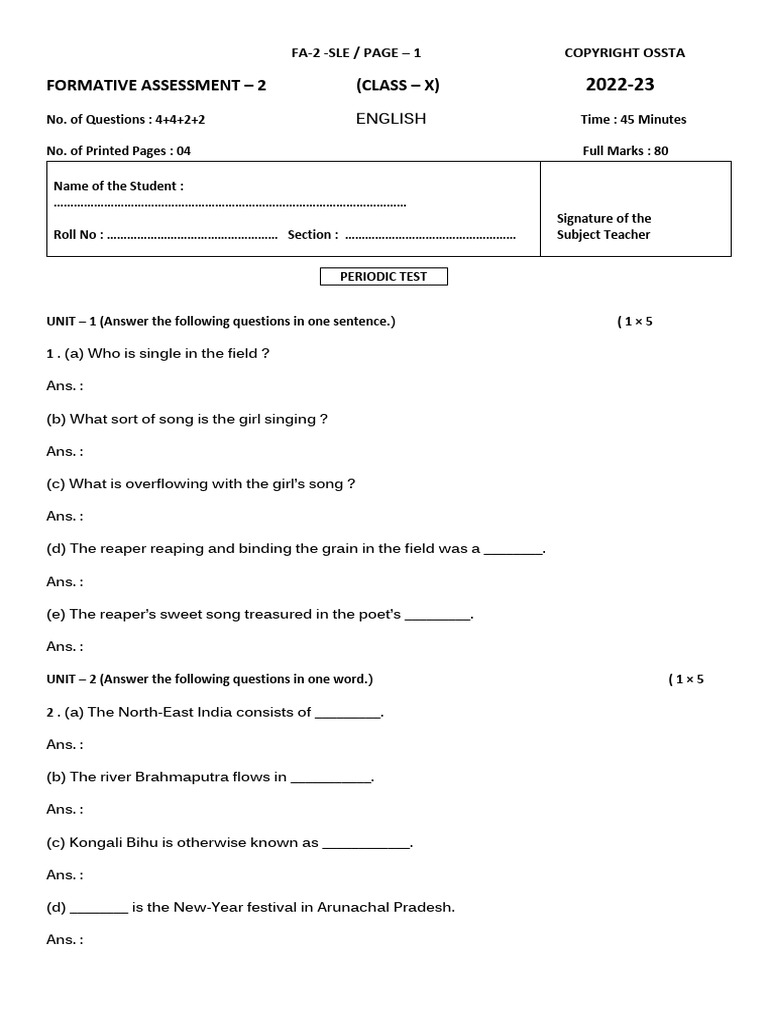 Class X English Formative Assessment 2 | PDF