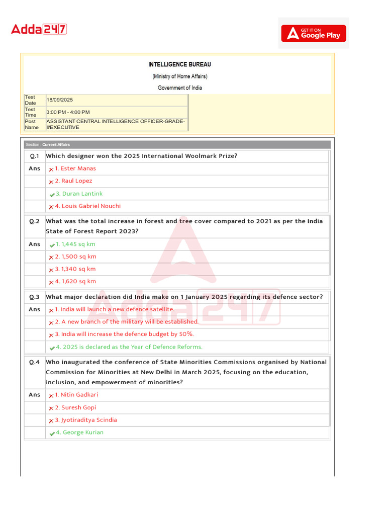 IB ACIO Grade II Answer Key 18 Sep 2025 Shift 3 Paper | PDF | Free ...