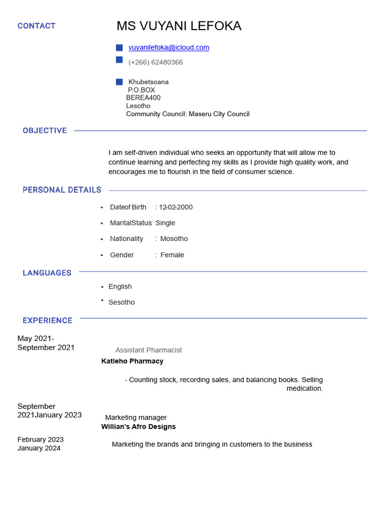 Lesotho Consumer Science Resume | PDF