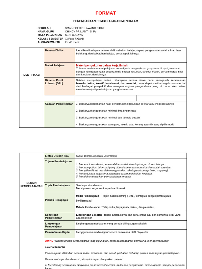 Format RPP Pembelajaran Mendalam | PDF