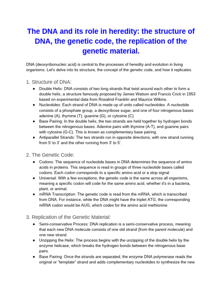The DNA and Its Role in Heredity - The Structure of DNA, The Genetic ...
