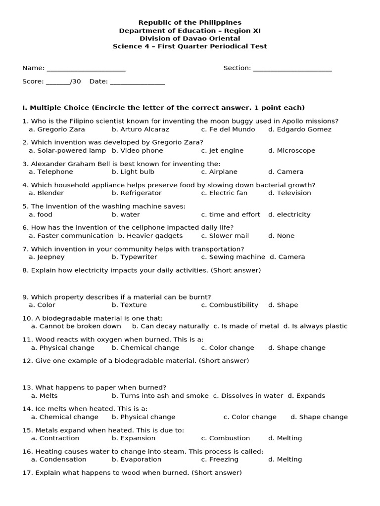 Science 4 First Quarter Test Philippines | PDF | Waste | Water