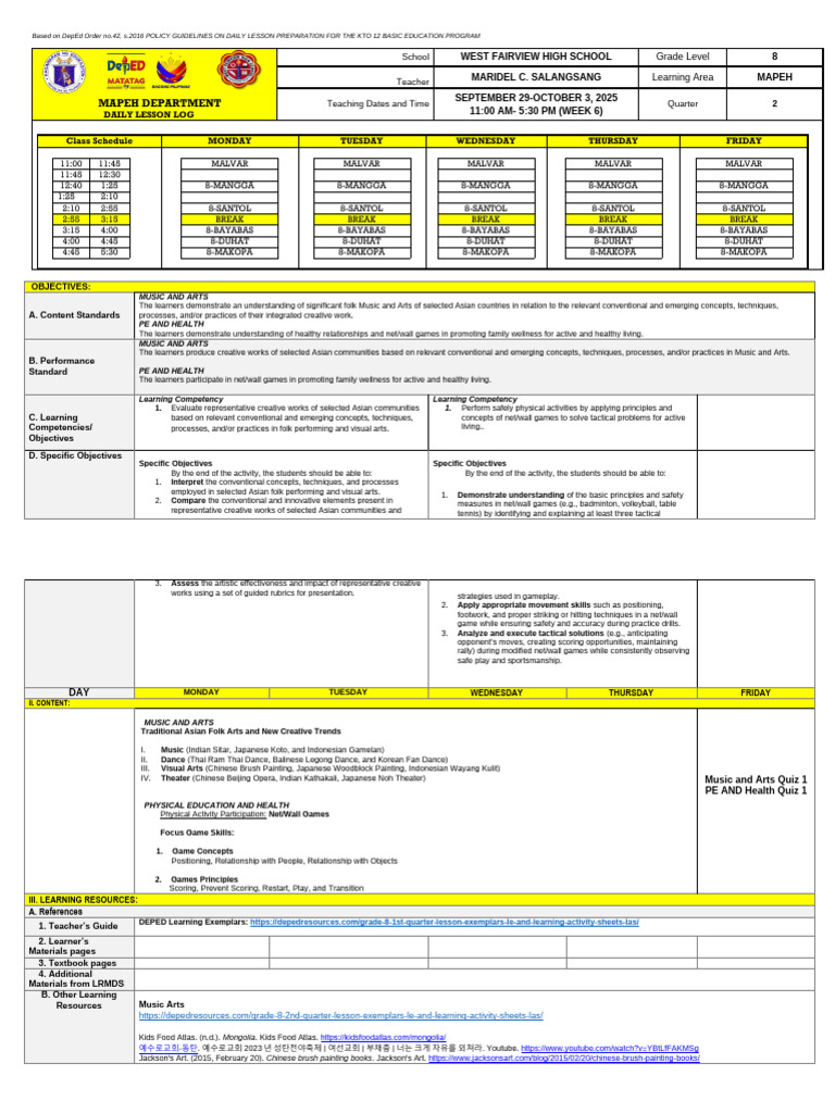 MAPEH Daily Lesson Plan for Grade 8 | PDF