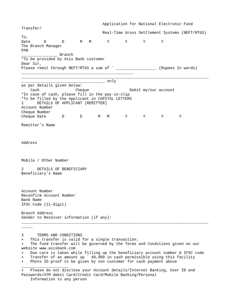 Axis Bank Rtgs Neft Form | PDF | Personal Finance | Financial Technology