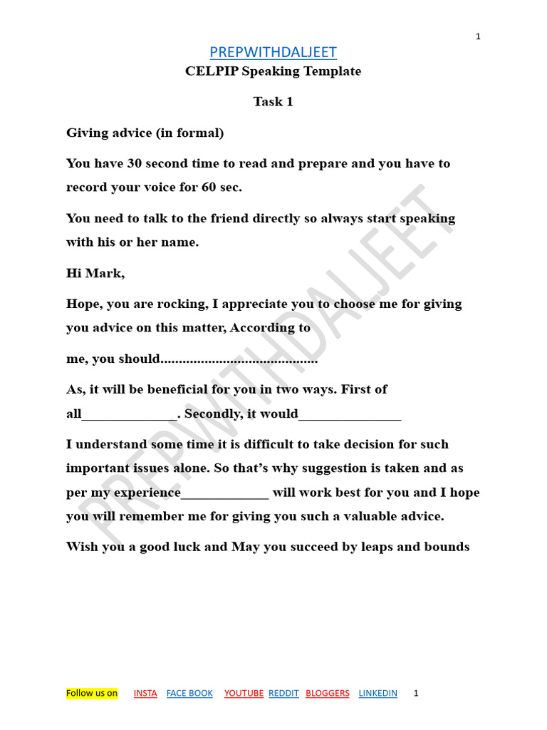 CELPIP Speaking Template | PDF