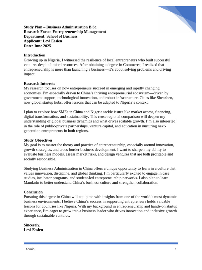 Business Administration Study Plan: Entrepreneurship | PDF