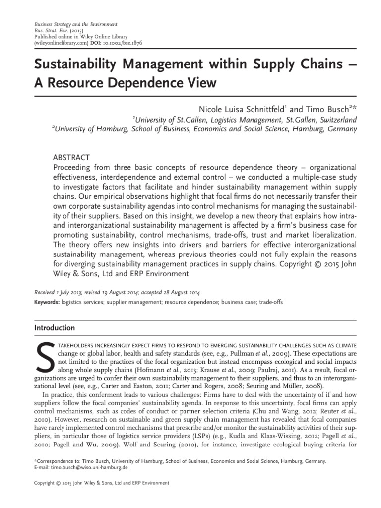 Sustainability Management Within Supply Chains - A Resource Dependence ...