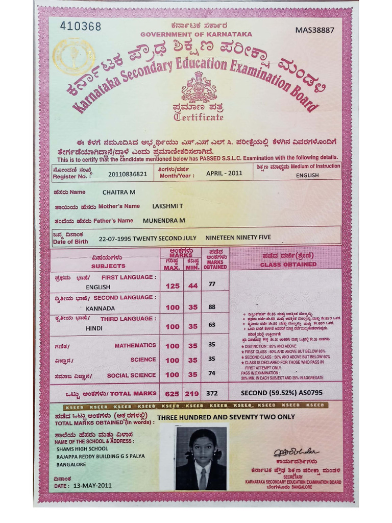 Chaithra SSLC Markscard, Aadhar, Photo | PDF