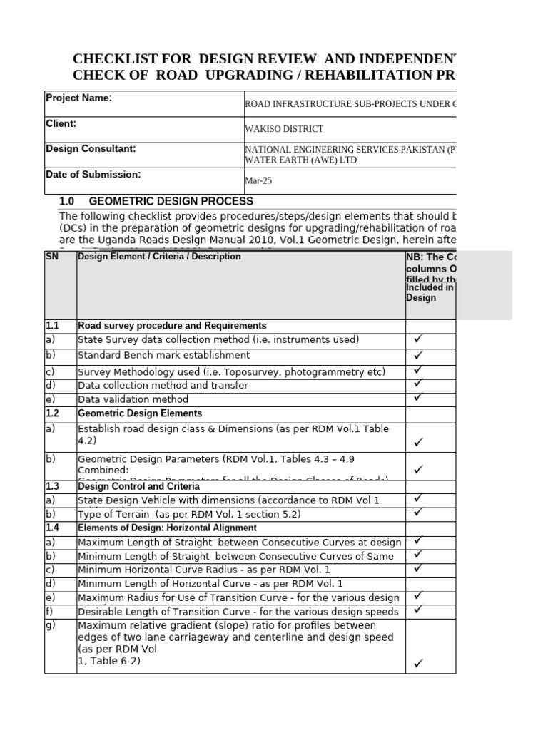 Road Design Checklist for Uganda Projects | PDF | Transport ...
