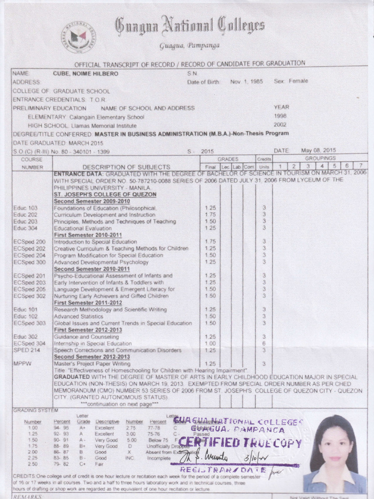 Certified True Copy of TOR GNC MBA p1 1 | PDF