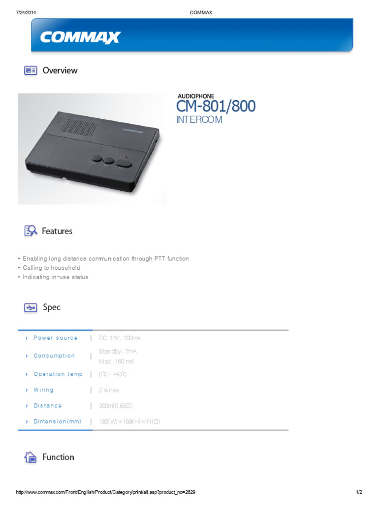 Commax CM-801 Intercom Features | PDF