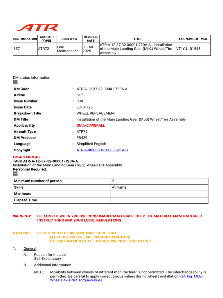 ATR72 MLG Wheel Installation Guide | PDF | Axle | Nut (Hardware)