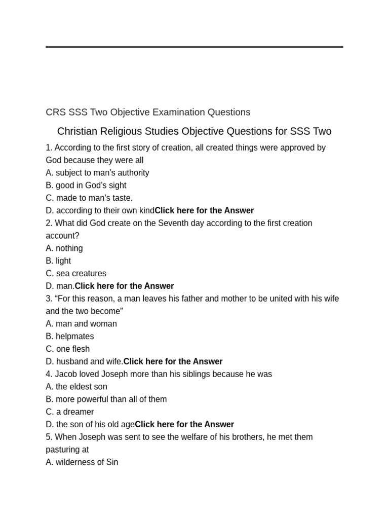 SSS Two CRS Objective Questions Guide | PDF | Elijah | Jesus