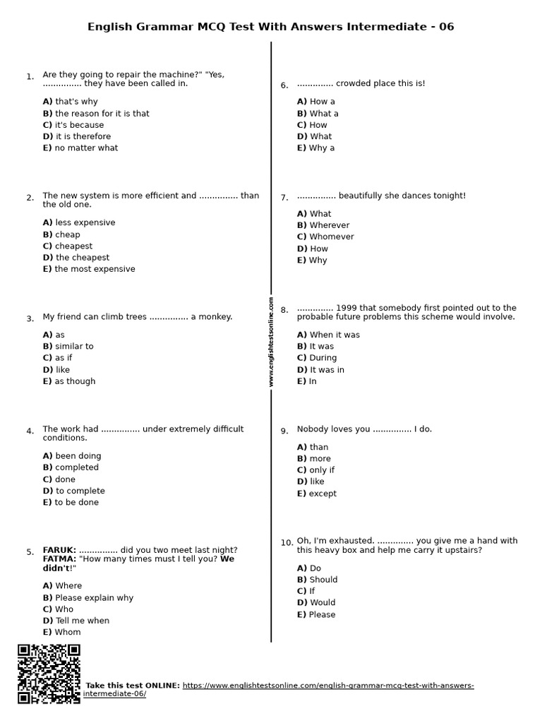 English Grammar MCQ Test Intermediate | PDF | Chess Theory | Chess