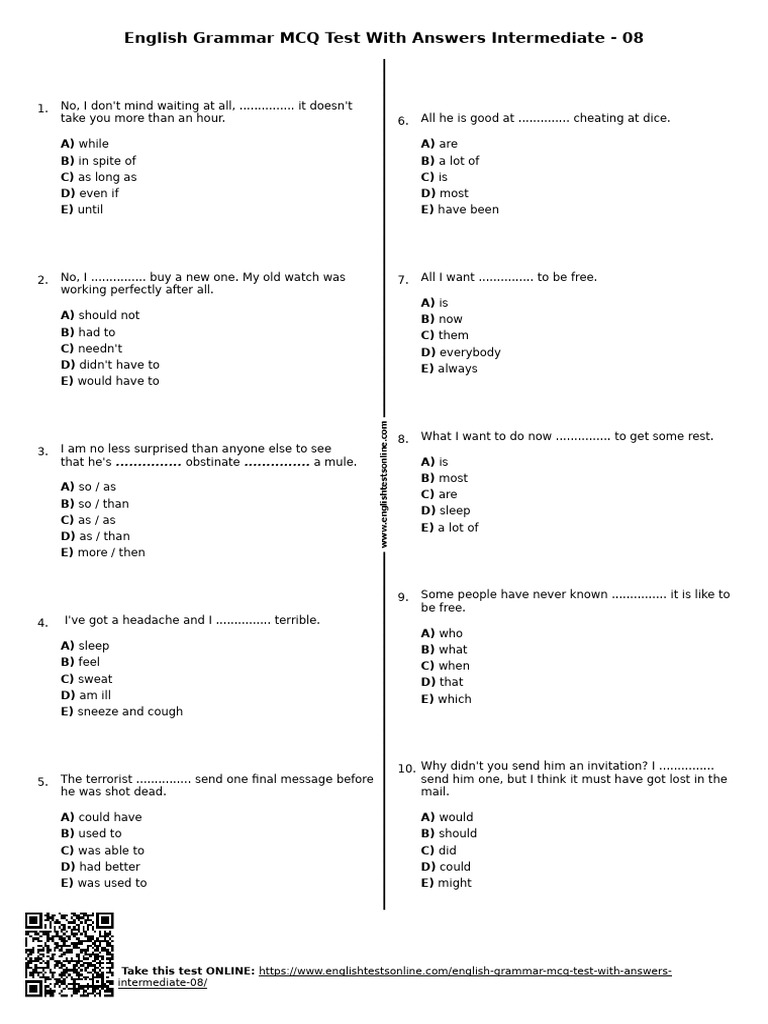 635 - English Grammar MCQ Test With Answers Intermediate 08 | PDF ...