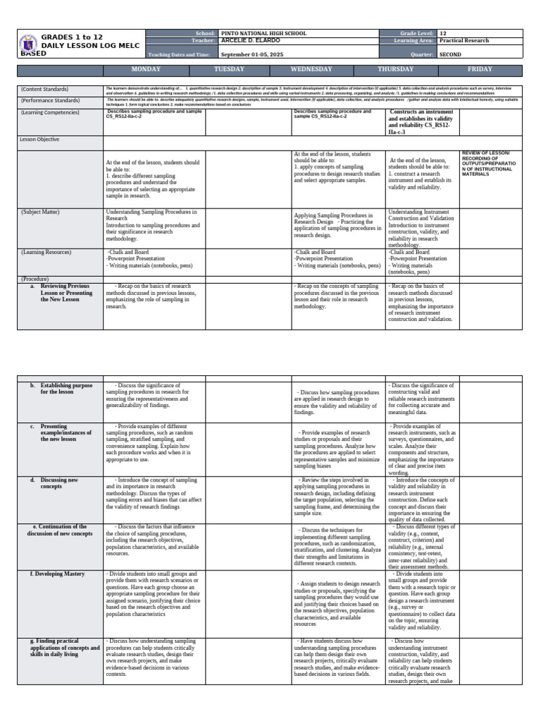 Practical Research Lesson Plan for Grade 12 | PDF | Sampling ...