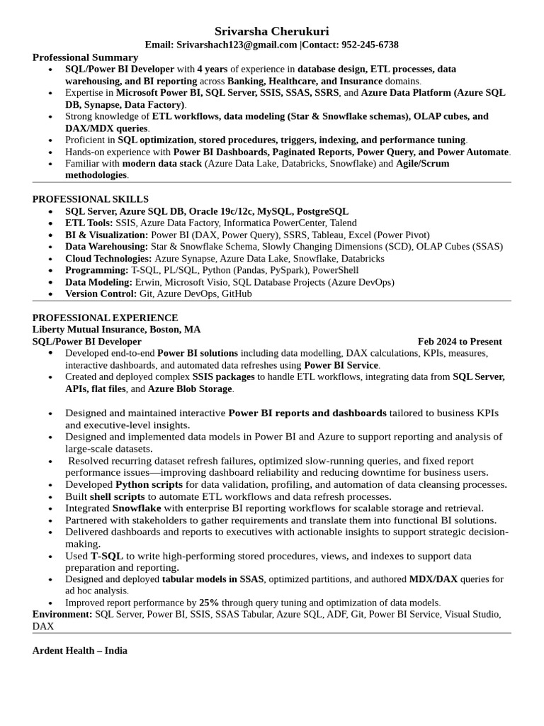 SQL/Power BI Developer Resume Summary | PDF | Microsoft Sql Server | Sql