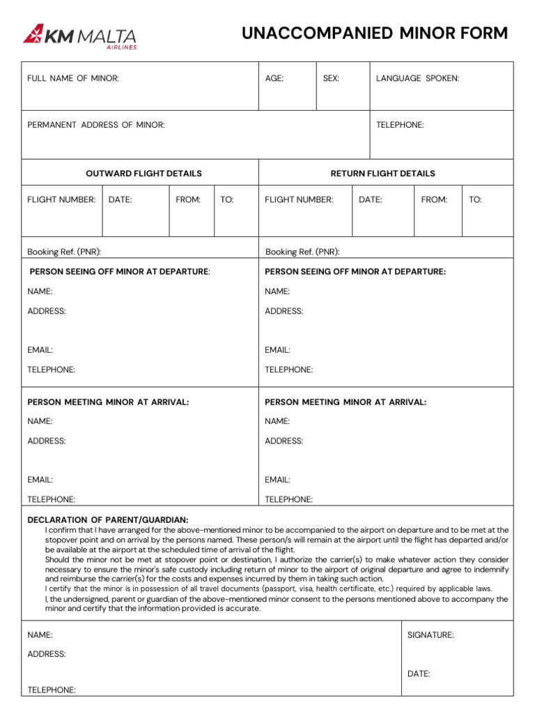 KMMA Unaccompanied Minor Form | PDF | Government And Personhood